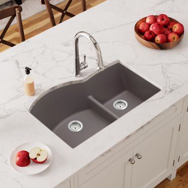 Click here to see Elkay ELGHU3322RGR0 Elkay Quartz Classic Greige 33in x 22in x10in Undermount with Rear Center Drain, Double Bowl Sink with Aqua Divide - ELGHU3322RGR0