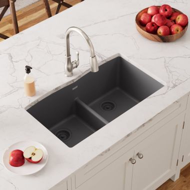 Click here to see Elkay ELGDULB3322GY0 Elkay Quartz Classic Dusk Gray 33in x 19in x 10in Undermount with Rear Center Drain Equal Double Bowl Sink with Aqua Divide - ELGDULB3322GY0