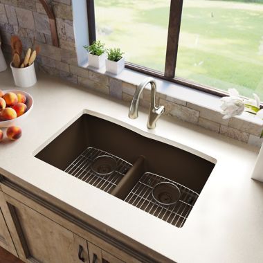 Click here to see Elkay ELGDULB3322MC0 Elkay Quartz Classic Mocha 33in x 19in x 10in Undermount with Rear Center Drain Equal Double Bowl Sink with Aqua Divide - ELGDULB3322MC0