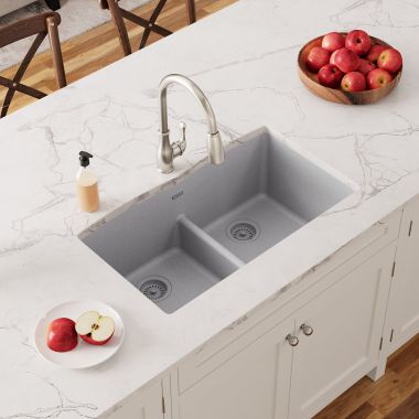 Click here to see Elkay ELGDULB3322GS0 Elkay Quartz Classic Greystone 33in x 19in x 10in Undermount with Rear Center Drain Equal Double Bowl Sink with Aqua Divide - ELGDULB3322GS0