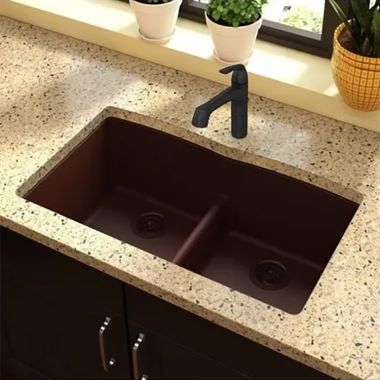 Click here to see Elkay ELGDULB3322PC0 Elkay Quartz Classic Pecan 33in x 19in x 10in Undermount with Rear Center Drain Equal Double Bowl Sink with Aqua Divide - ELGDULB3322PC0