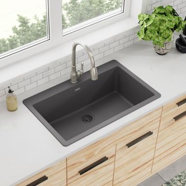 Click here to see Elkay ELGR13322GY0 Elkay Quartz Classic Dusk Gray 33in x 20-7/8in x 9-7/16in Drop-in with Rear Center Drain, Single Bowl Sink - ELGR13322GY0
