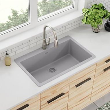 Click here to see Elkay ELGR13322GS0 Elkay Quartz Classic Greystone 33in x 20-7/8in x 9-7/16in Drop-in with Rear Center Drain, Single Bowl Sink - ELGR13322GS0