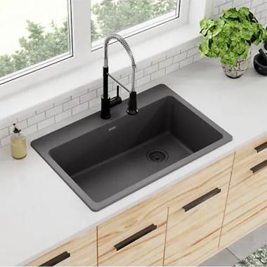 Click here to see Elkay ELG13322GY0 Elkay Quartz Classic Dust Gray 33in x 22in Single Bowl, Drop In Sink with Rear Right Drain and Mounting Hardware - ELG13322GY0