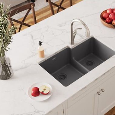 Click here to see Elkay ELGULBO3322GY0 Elkay Quartz Classic Dusk Gray 60/40 Double Bowl Sink, 33in x 22in Undermount Kitchen Sink with Aqua Divide and Rear Center Drain - ELGULBO3322GY0