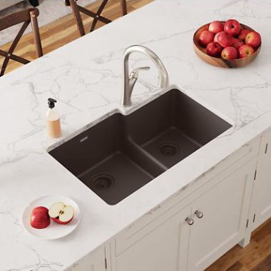 Click here to see Elkay ELGULBO3322MC0 Elkay Quartz Classic Mocha 60/40 Double Bowl Sink, 33in x 22in Undermount Kitchen Sink with Aqua Divide and Rear Center Drain - ELGULBO3322MC0