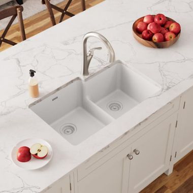 Click here to see Elkay ELGULBO3322WH0 Elkay Quartz Classic White 60/40 Double Bowl Sink, 33in x 22in Undermount Kitchen Sink with Aqua Divide and Rear Center Drain - ELGULBO3322WH0 