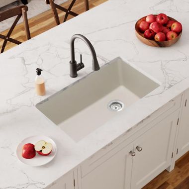 Click here to see Elkay ELGU13322BQ0 Elkay Quartz Classic Bisque 33in x 19in Single Bowl Undermount Kitchen Sink with Rear Right Drain - ELGU13322BQ0