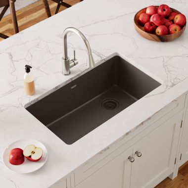 Click here to see Elkay ELGU13322MC0 Elkay Quartz Classic Mocha 33in x 19in Single Bowl Undermount Kitchen Sink with Rear Right Drain - ELGU13322MC0