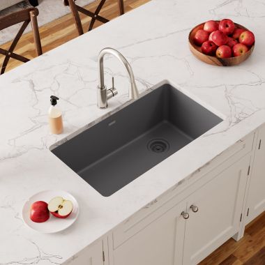 Click here to see Elkay ELGU13322GY0 Elkay Quartz Classic Dusk Gray 33in x 19in Single Bowl Undermount Kitchen Sink with Rear Right Drain - ELGU13322GY0