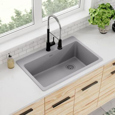 Click here to see Elkay ELG13322GS0 Elkay Quartz Classic Greystone 33in x 22in Single Bowl, Drop In Sink with Rear Right Drain and Mounting Hardware - ELG13322GS0
