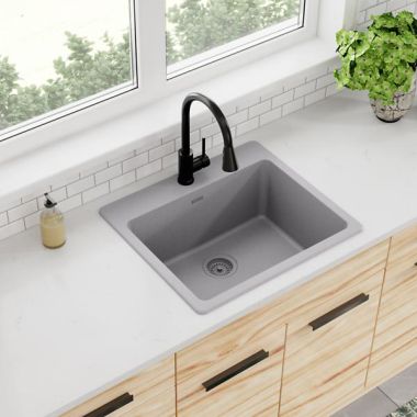 Click here to see Elkay ELG2522GS0 Elkay Quartz Classic Greystone 25in x 22in x 9-1/2in Single Single Bowl Drop-in Sink with Rear Center Drain - ELG2522GS0