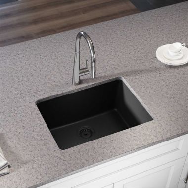 Click here to see Elkay ELXU2522CA0 Elkay Quartz Luxe Caviar 25in x 19in x 10in Single Bowl Undermount Kitchen Sink, Rear Center Drain - ELXU2522CA0  