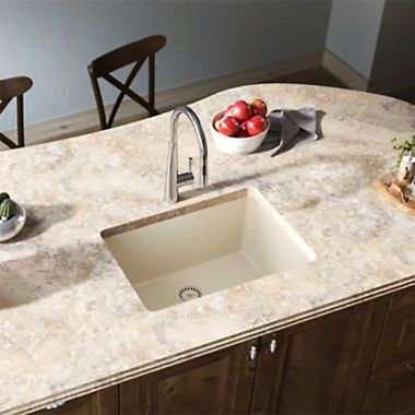 Click here to see Elkay ELXU2522PA0 Elkay Quartz Luxe Parchment 25in x 19in x 10in Single Bowl Undermount Kitchen Sink, Rear Center Drain - ELXU2522PA0  