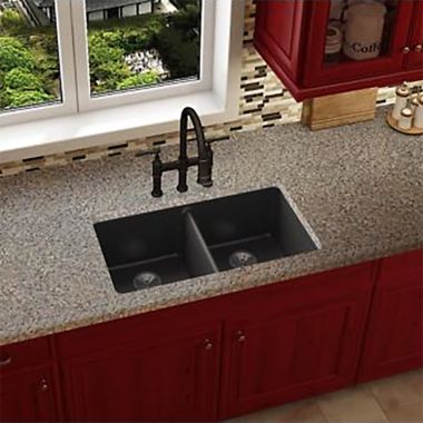 Click here to see Elkay ELXU3322CA0 Elkay Quartz Luxe Caviar 33in x 19in x 10in Double Bowl Undermount Kitchen Sink, Rear Center Drain - ELXU3322CA0