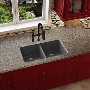 Click here to see Elkay ELXU3322CH0 Elkay Quartz Luxe Charcoal 33in x 19in x 10in Double Bowl Undermount Kitchen Sink, Rear Center Drain - ELXU3322CH0