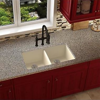 Click here to see Elkay ELXU3322PA0 Elkay Quartz Luxe Parchment 33in x 19in x 10in Double Bowl Undermount Kitchen Sink, Rear Center Drain - ELXU3322PA0