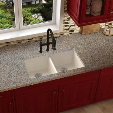 Click here to see Elkay ELXU3322RT0 Elkay Quartz Luxe Ricotta 33in x 19in x 10in Double Bowl Undermount Kitchen Sink, Rear Center Drain - ELXU3322RT0