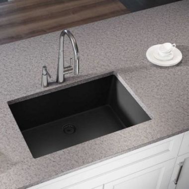 Click here to see Elkay ELXRU13322CA0 Elkay Quartz Luxe Caviar 33in x 18-7/16in x 9-7/16in Single Bowl Undermount Sink with Rear Center Drain - ELXRU13322CA0