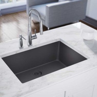 Click here to see Elkay ELXRU13322CH0 Elkay Quartz Luxe Charcoal 33in x 18-7/16in x 9-7/16in Single Bowl Undermount Sink with Rear Center Drain - ELXRU13322CH0