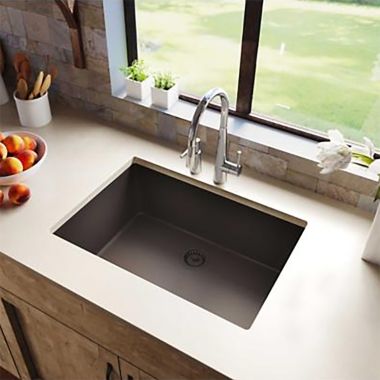 Click here to see Elkay ELXRU13322CN0 Elkay Quartz Luxe Chestnut 33in x 18-7/16in x 9-7/16in Single Bowl Undermount Sink with Rear Center Drain - ELXRU13322CN0