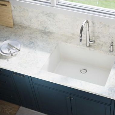 Click here to see Elkay ELXRU13322RT0 Elkay Quartz Luxe Ricotta 33in x 18-7/16in x 9-7/16in Single Bowl Undermount Sink with Rear Center Drain - ELXRU13322RT0