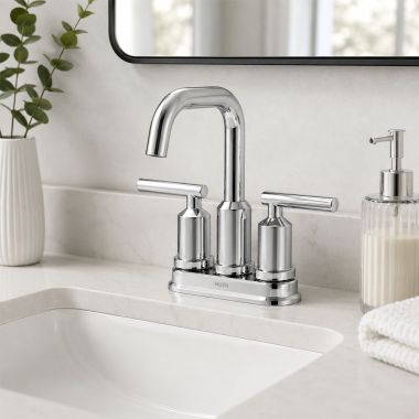 Click here to see  6150 Moen Gibson Two-Handle Centerset Bathroom Faucet with Metal Pop-Up Drain, Lever Handle, 1.2 GPM, Chrome - 6150