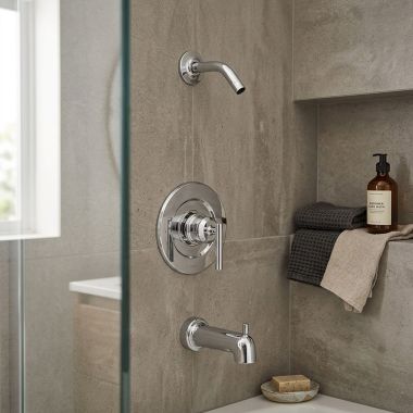 Click here to see  T2903NH Moen Gibson Posi-Temp Single-Handle Tub/Shower Trim Kit, Less Showerhead, Lever Handle, Chrome - T2903NH
