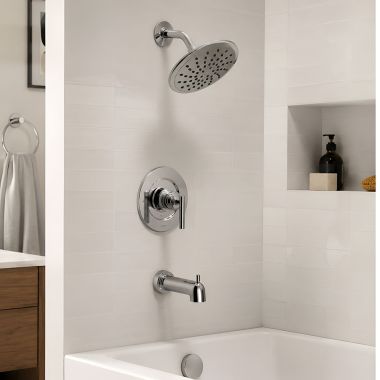 Click here to see  T3003EP Moen Gibson Posi-Temp Tub/Shower Faucet with 1.75 GPM Rainshower, 1-Function, Single Lever Handle, M-PACT, Eco-Performance, Chrome - T3003EP