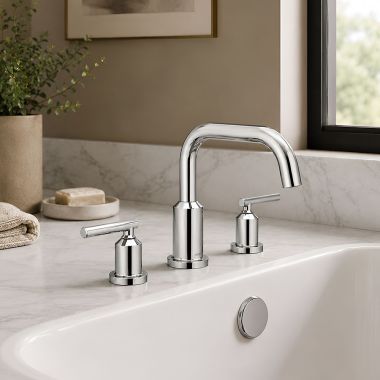Click here to see  T961 Moen Gibson Two-Handle Roman Tub Faucet Trim, Angular Spout, Lever Handles, M-PACT, Chrome - T961