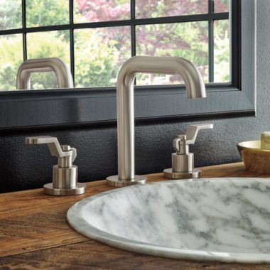 Click here to see Brizo 65335LF-NKLHP Brizo Litze Two-Handle Widespread Brilliance Luxe Nickel Bathroom Faucet with Metal Pop-Up, 1.5 GPM, Three-Hole, Less Handles - 65335LF-NKLHP