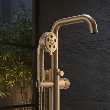 Click here to see Brizo RP90054GL Brizo Litze 3in H2Okinetic Multi-Function Hand Shower with Dual-Check Valve, 1.75 GPM, Round, WaterSense, Brilliance Luxe Gold - RP90054GL