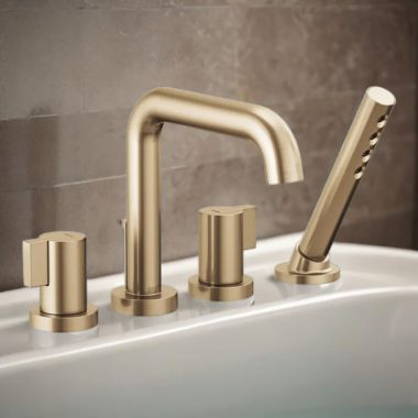 Click here to see Brizo T67435-GLLHP Brizo Litze Two-Handle Deck-Mount Roman Tub Faucet Trim with H2Okinetic Handshower, 1.75 GPM, 4-Hole, Brilliance Luxe Gold - T67435-GLLHP