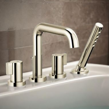 Click here to see Brizo T67435-PNLHP Brizo Litze Two-Handle Deck-Mount Roman Tub Faucet Trim with H2Okinetic Handshower, 1.75 GPM, 4-Hole, Brilliance Polished Nickel - T67435-PNLHP