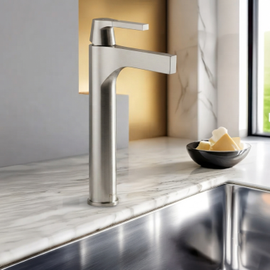 Click here to see Delta 774-SS-DST Delta Zura Vessel Lavatory Faucet, Less Drain, 1.2 GPM, WaterSense, DIAMOND Seal, Stainless - 774-SS-DST