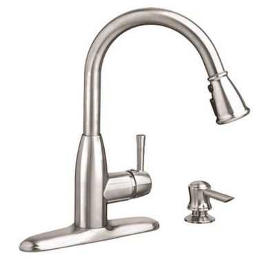 Click here to see American Standard 9012301.075 American Standard McKenzie Single Handle Pull-Down Kitchen Faucet w/ Soap Dispenser, 2 Hole, Stainless - 9012301.075