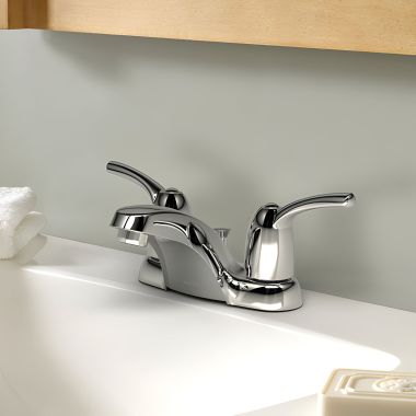 Click here to see Moen WS84403 Moen Adler Two-Handle Low Arc Chrome Centerset Bathroom Faucet with Pop-Up Drain, 1.2 GPM, ADA Lever Handle, Three-Hole - WS84403