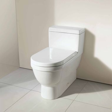 Click here to see Duravit 2120010001 DURAVIT Starck 3 One-Piece Floor Mounted Elongated Toilet with Left Hand Lever, Less Seat, White - 2120010001