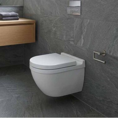 Click here to see Duravit 2527092092 DURAVIT Starck 3 1.6/0.8 GPF Rimless Wall-Mounted Toilet with HygieneGlaze, White - 2527092092