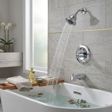 Click here to see DELTA T13420-H2OT Delta Classic Monitor 13 Series H2Okinetic Tub/Shower Faucet with Single-Setting Showerhead, Single-Handle, 1.5 GPM, Lever Handle, Chrome - T13420-H2OT