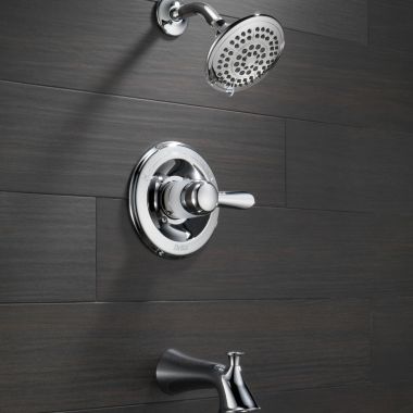 Click here to see Delta T14438 Delta Lahara Monitor 14 Series Single-Handle Tub/Shower Faucet with 5-Setting Rain Showerhead, 1.75 GPM, Lever Handle, Chrome - T14438