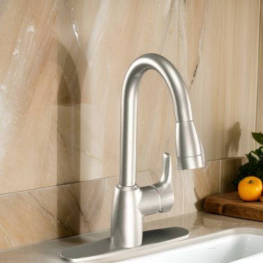 Click here to see Cleveland Faucet CA42519CSL Moen CFG CA42519CSL Baystone Single-Handle Pullout Kitchen Faucet, Stainless Steel