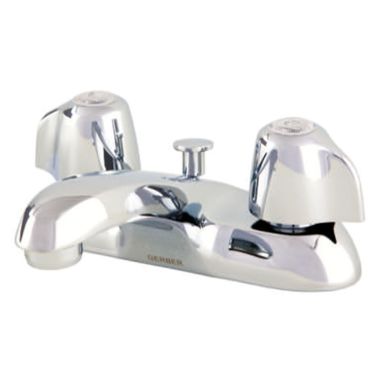 Click here to see Gerber G0043431 Gerber Classics Two-Handle Centerset Chrome Bathroom Faucet with Metal Handles and Metal Pop-Up Drain, 1.2 GPM, Three-Hole Installation, WaterSense - 43-431