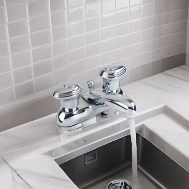 Click here to see Gerber G0053120 Gerber Hardwater Two-Handle Centerset Chrome Bathroom Faucet with Metal Pop-Up Drain, ADA Compliant, 1.2 GPM, Three-Hole Installation - 53-120