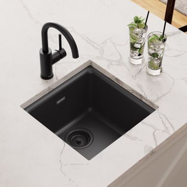 Click here to see Elkay ELG1616BK0 Elkay Quartz Classic Black 15-3/4in x 15-3/4in x 7-11/16in Dual Mount Single Bowl Sink with Rear Center Drain - ELG1616BK0