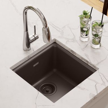Click here to see Elkay ELG1616MC0 Elkay Quartz Classic Mocha 15-3/4in x 15-3/4in x 7-11/16in Dual Mount Single Bowl Sink with Rear Center Drain - ELG1616MC0