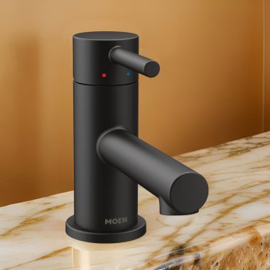 Click here to see Moen 6191BL Moen Align One-Handle Low Arc Matte Black Bathroom Faucet with Metal Pop-up and Red/Blue Indicators, 1.2 GPM, ADA Lever Handle, WaterSense - 6191BL