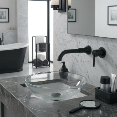 Click here to see  T3559LF-BLWL Delta Trinsic Single Handle Wall Mount Bathroom Faucet, Lever Handle, Matte Black - T3559LF-BLWL