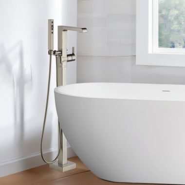Click here to see Delta T4767-SSFL Delta Ara Single-Handle Freestanding Tub Filler Trim with 1.75 GPM Single-Setting Hand Shower, H2Okinetic, Lever Handle, Stainless - T4767-SSFL
