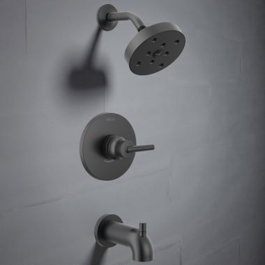 Click here to see Delta T14459-BL Delta Trinsic Monitor 14 Series Single-Handle H2Okinetic Tub/Shower Trim, MultiChoice, ADA, 1.75 GPM, Matte Black - T14459-BL